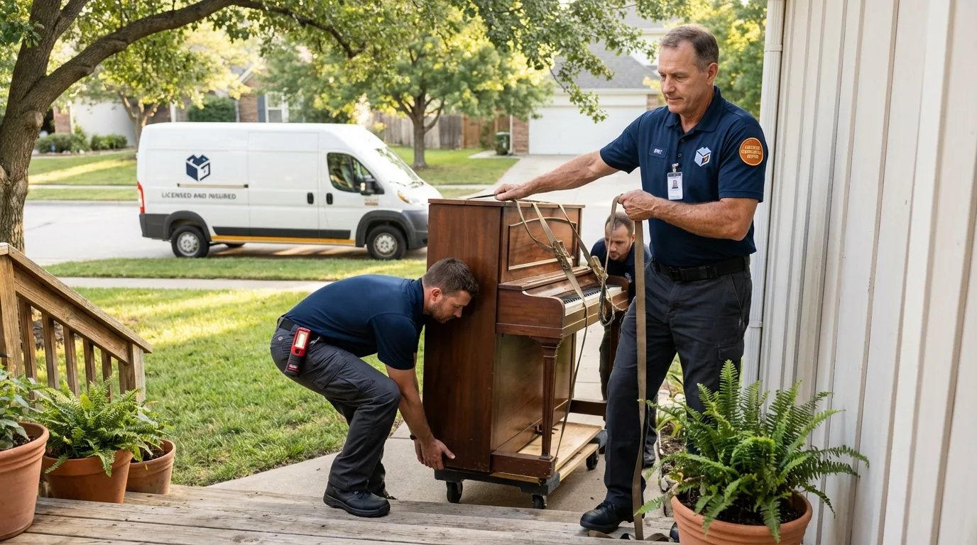 Licensed piano movers securing grand piano in Thomasboro, IL